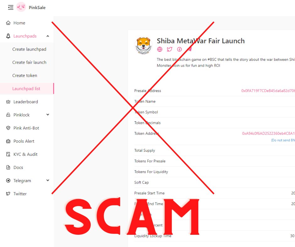 🆘⚠️ SCAM ALERT ⚠️🆘

Shiba MetaWar does not have any sales on Pinksale. The project has not been launched yet

Token contract will soon be announced at our official channel t.me/Shibametawarof…

Please be aware of fake groups and contract address

T