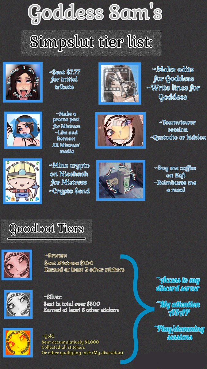 ScamsungSam's tweet photo. ~Good morning 🥰 I'm very excited to announce my new system!

~Each time you complete a task in my service you'll get a sticker Stickers are badges of honor for your profile!

~So many subbies yearn for my attention now you'll all be ranked and attended to accordingly

(✿◠‿◠) https://t.co/YnD8G56dwz