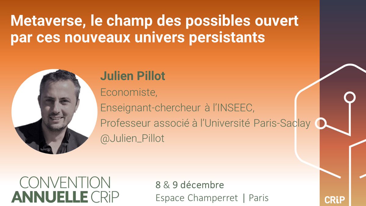 PHR_PHR's tweet image. Mercredi 8 décembre, sur la #ConventionCRIP2021 , j’aurai le plaisir d’interroger @Julien_Pillot sur les aspects économiques et sociologiques du #Metaverse. Quels business models ? Quel rôle pour les #NFT ? Quels risques ?
lnkd.in/dwxCzVcQ