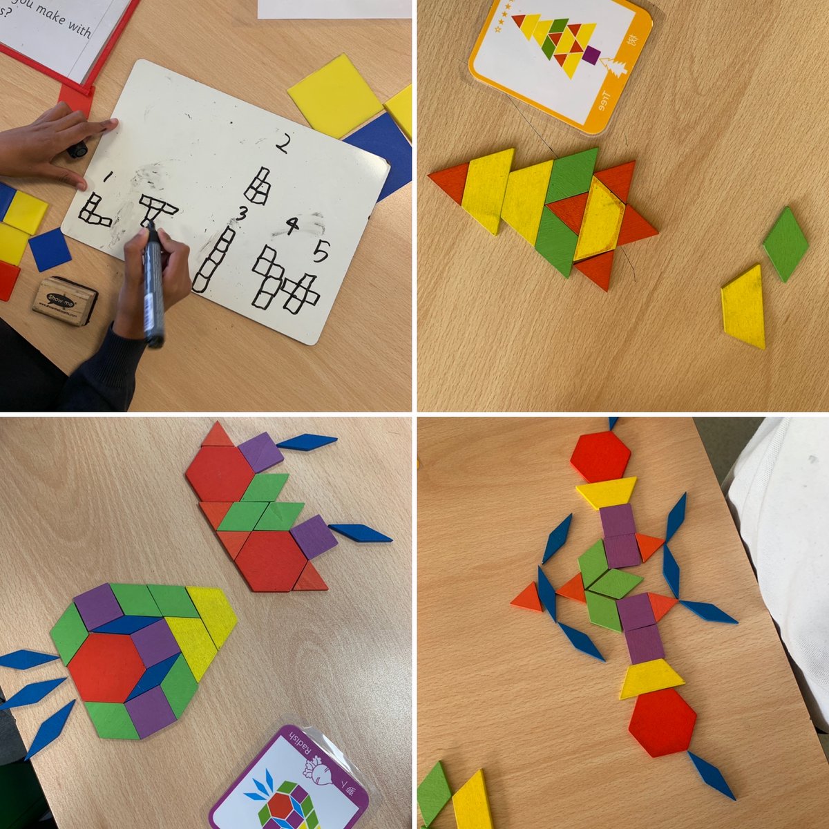 HillbrookMaths's tweet photo. Y1 have loved exploring shape.  Building on shape names learnt in reception, we can now recognise and name hexagons, trapeziums and parallelograms and rotate them to make patterns. We explored tetrominoes and pentominoes, making as many shapes as we could out of 4 or 5 squares. https://t.co/uXcaLnU48U