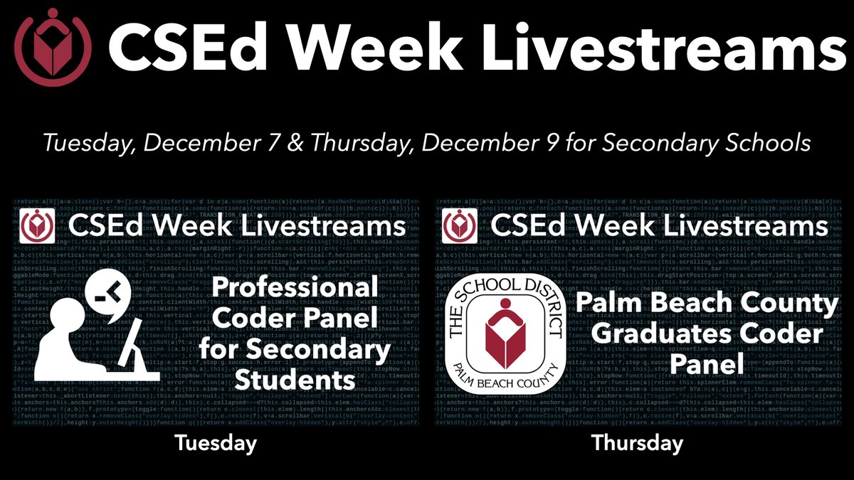 EdTechPBC's tweet photo. Join us next week for our Hour of Code/CSEdWeek livestreams open to anyone in the world!
https://t.co/BG5HGMvmbX
@teachcode @hourofcode @Go_Lumio_PLN @pbcsd @SMART_Tech @evacwynar @AtwellDC @DrMillerEDU @DianaFedderman @codeorg
#CSEverywhere #SDPBCode #HourofCode https://t.co/EpsVFaku1o