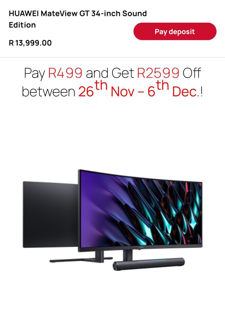 KeituSeaketso's tweet photo. Be sure to preorder the @HuaweiZA MateView GT 34โ for R499 and get R2599 off between the 26th of November & 6th December : https://t.co/qRNPWUL132 #PreOrderHUAWEIMateViewGT ๐ https://t.co/1tceIhdFJA