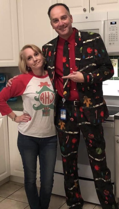 erichorvath_'s tweet photo. Ugly Christmas outfit day at work and of course I forgot. So I harken back to Christmas of yesteryear with my wife who absolutely loves this Christmas suit. @Proud2bYoungOrg #proud2byoung #pay2day https://t.co/qVWDLiezkD