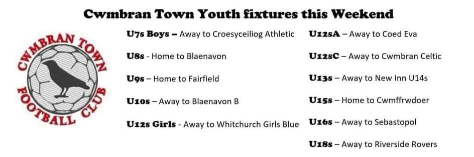 CwmbranTown's tweet photo. This Saturday’s youth section fixtures
👇

Pob lwc pawb / enjoy your games!

#MiniCrows #Crows https://t.co/Lm0irr8P4d