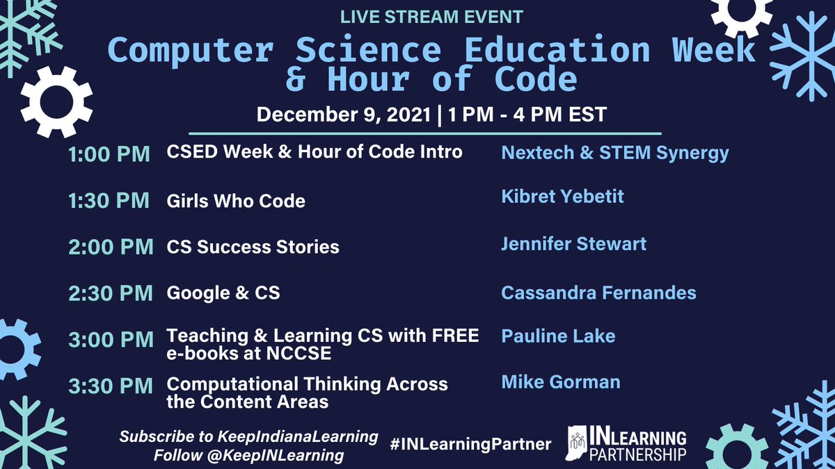 arfoor85's tweet image. Mark your calendars next week as the #INLearningPartnership has a packed line-up for #CSEdWeek &amp;amp; #HourOfCode Join any day for a Lunch &amp;amp; Learn from 11:30-12:00 EST or our LIVE mini-summit on Thursday, 12/9 from 1-4PM EST. Subscribe to the @KeepINLearning YouTube Channel! #INeLearn