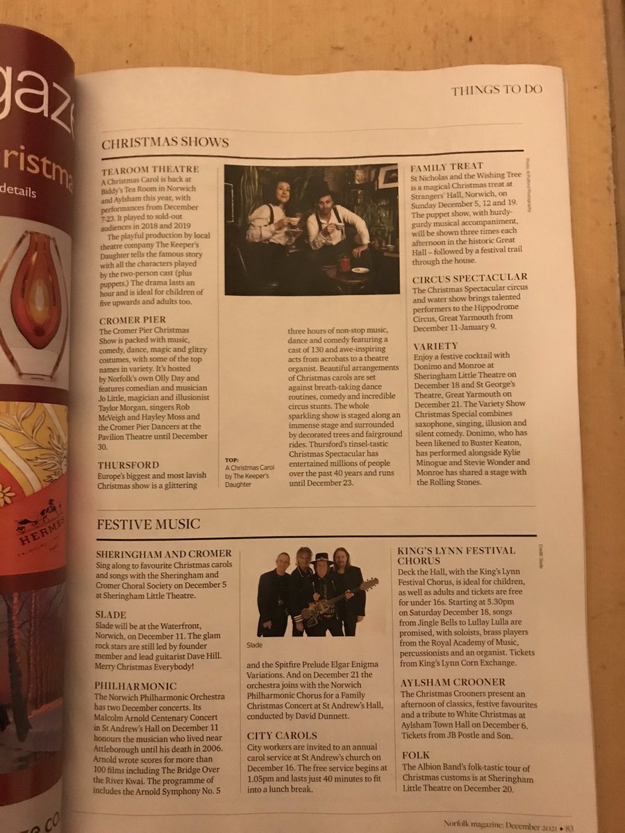 AtkinsCaro's tweet photo. Great to see local magazines promoting local theatre - thanks @NorfolkMagazine for featuring A Christmas Carol by @KeepersDaughter at Biddy’s Tea Room in Norwich &amp; Aylsham in your festive round-up. For tickets for this fab, fun, family production, visit: https://t.co/vC38fx5w3K https://t.co/rxgWqEsrqT