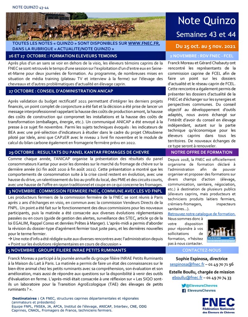 EleveursChevres's tweet image. 🗞️ Retrouvez 2 #NoteQuinzo et l'actualité d'un mois :

🐐 Formation éleveurs témoins, CA #ANICAP, CA #FNEC, CA #CapPradel, groupe #INRAE, #FCEL

🧀 Commission fermière #FNEC #FNPL, fondation #laitcru, journée Occitanie, réunion #CNAOL

🌍 #IGA et véto 🇪🇺

👥 Offre de formation