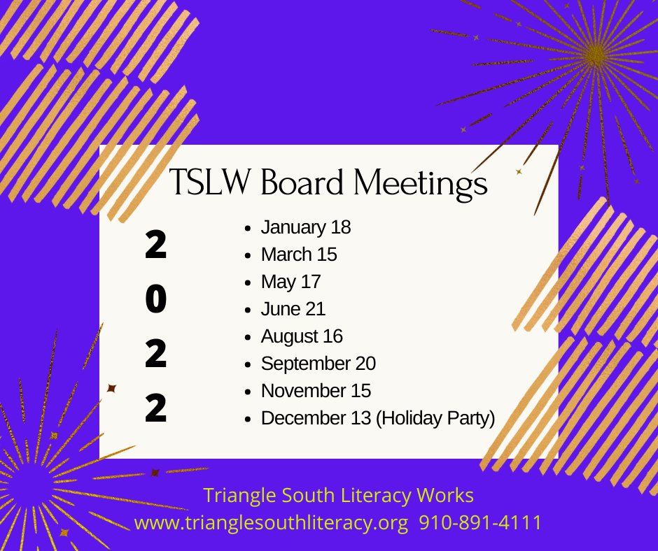 TSLW's in-person board meetings are open to the public. See the schedule for 2022.
#literacy #boardmeetings #adultliteracy