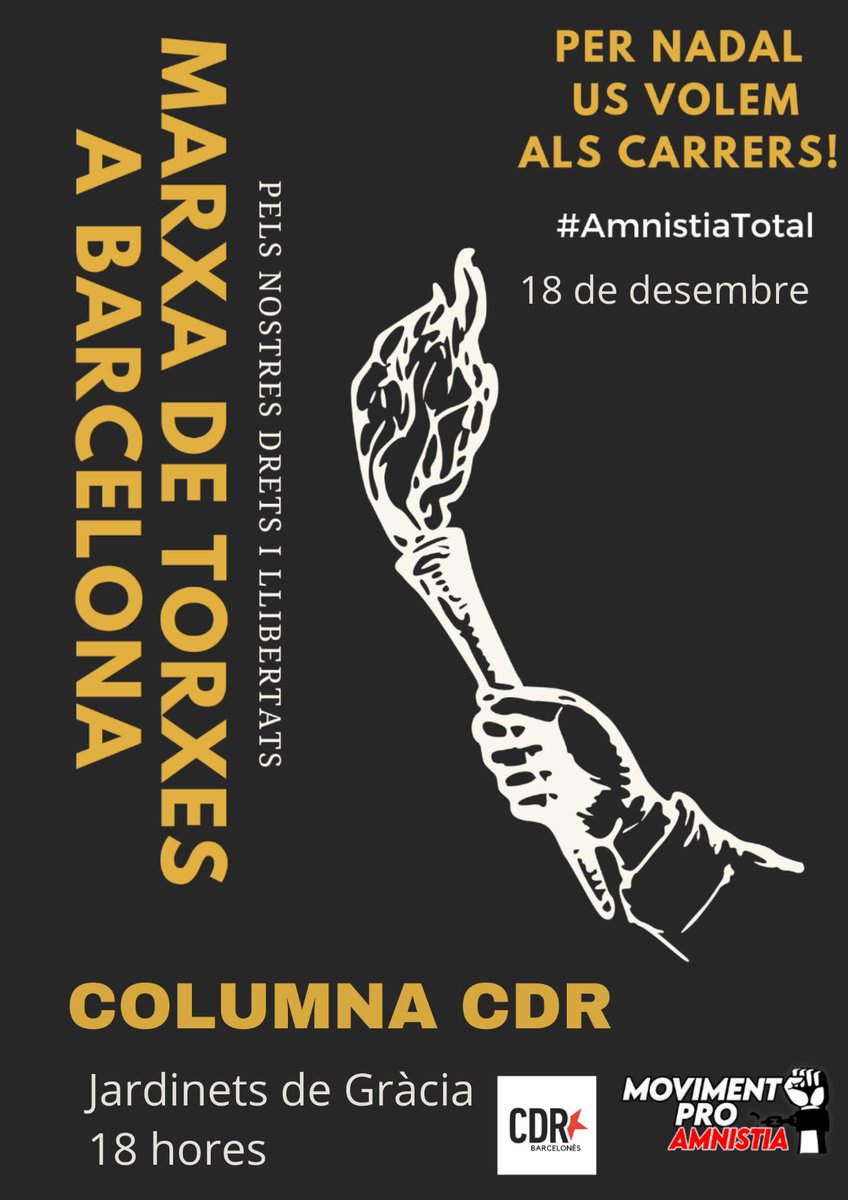 ⚠️Ens sumem a la marxa de torxes de <a href="/ProAmnistia/">Moviment ProAmnistia</a> ‼️

Pels nostres drets i llibertats

Columna CDR Bcnès fins Pl. Universitat 

📅 18 de desembre
🕟 18 hores
📍Jardinets de Gràcia 

#AmnistiaTotal