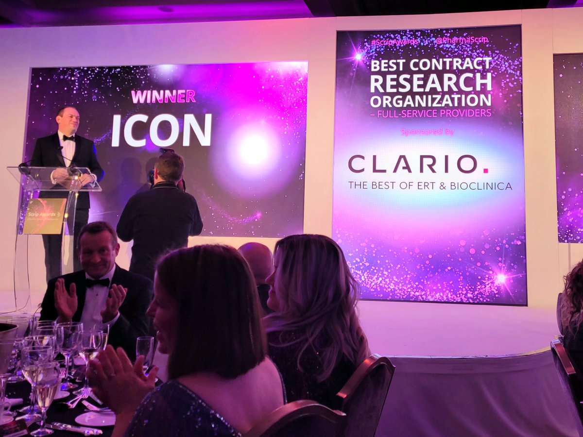 Clario's tweet photo. We are proud to be sponsors of  #SCRIPAward ceremony and to have had the opportunity to present the best #CRO award to @ICONplc
Check out the other winners here: https://t.co/gruM3poyhZ https://t.co/47kyehwnw4