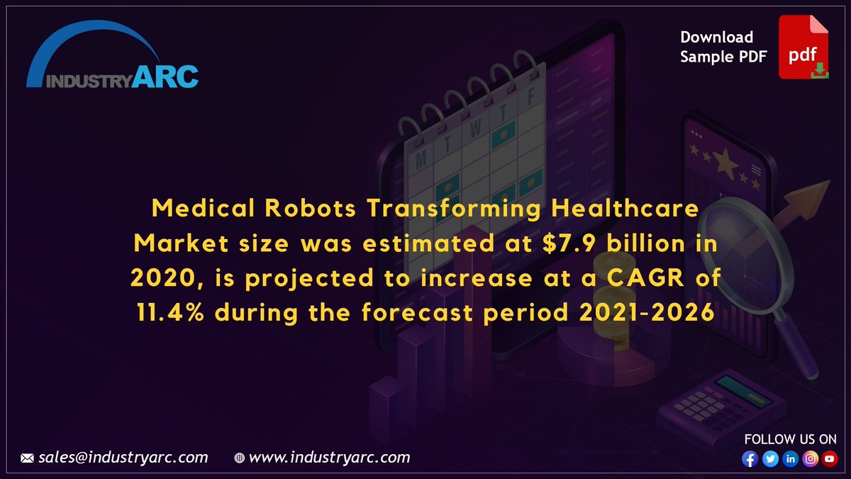 #MedicalRobots Transforming #Healthcare Market size was estimated at $7.9 billion in 2020, is projected to increase at a CAGR of 11.4% during 2021-2026. bit.ly/3DfxalS

Keyplayers: #Accuray #Hacoma #TitanMedical #MedtEch #IrobotCorporation #HansenMedical

#marketresearch