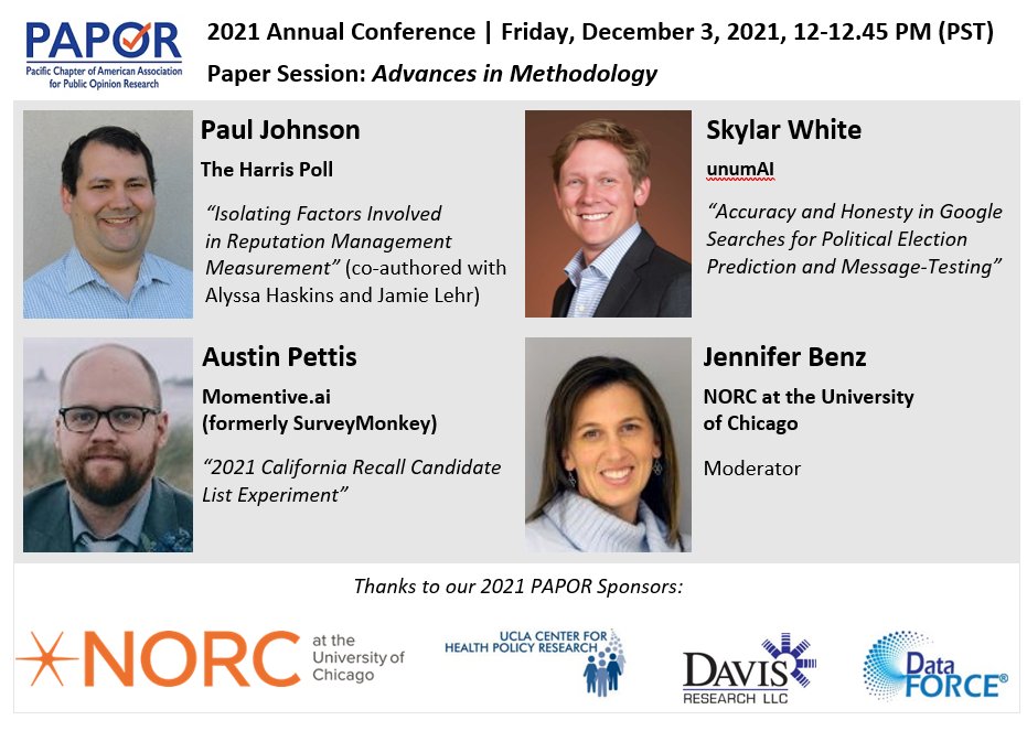 PAPORorg's tweet photo. Let's get into the latest advances in #methodology research today over lunch! Don't miss this discussion w/ Paul Johnson of @HarrisPoll, @SimeonPettis of @MomentiveAI, Skylar White of unumAI, and moderator @jennybenz of @NORCNews  #methodology #PAPOR2021 https://t.co/rp2P2iQTWF