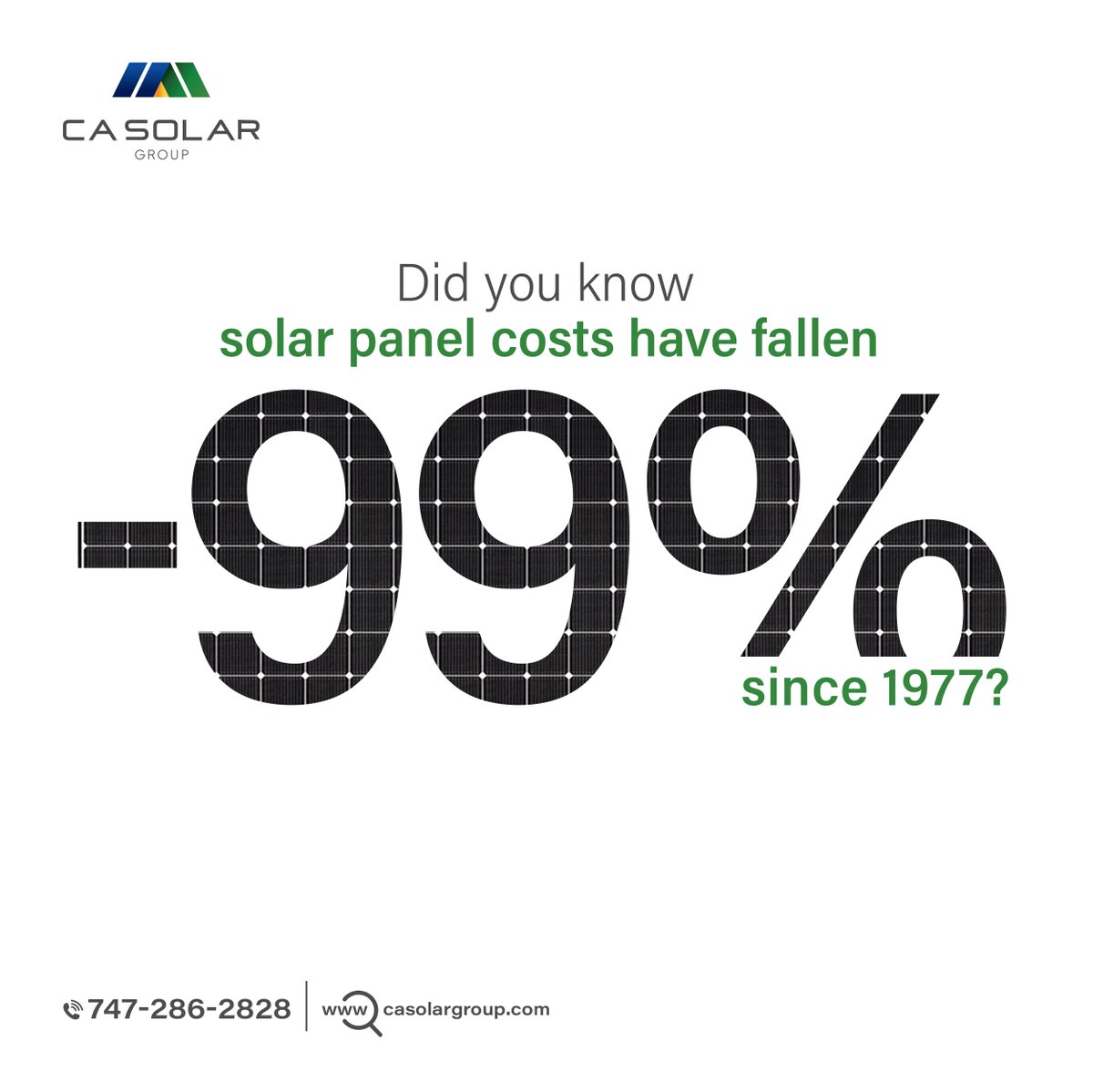 CA_SolarGroup's tweet photo. #FridayFacts
💢Solar panels were once pretty expensive, hard to afford! 
Since 1977, solar technology has been improved, and solar panel prices eventually fell by almost 99%.

#CASolarGroup #gosolarnow #solarpanelscalifornia #californiasolarpanelinstallation #solarenergy #gosolar https://t.co/IFjrStZmYN
