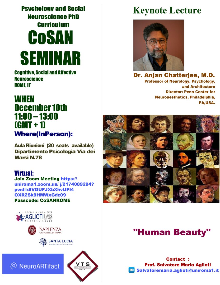 Join us for our open online seminar on Neuroaesthetics held by Professor Anjan Chatterjee
📅10th December 2021 11:00-13:00 (Rome time)
Check all the informations below 👇👇👇