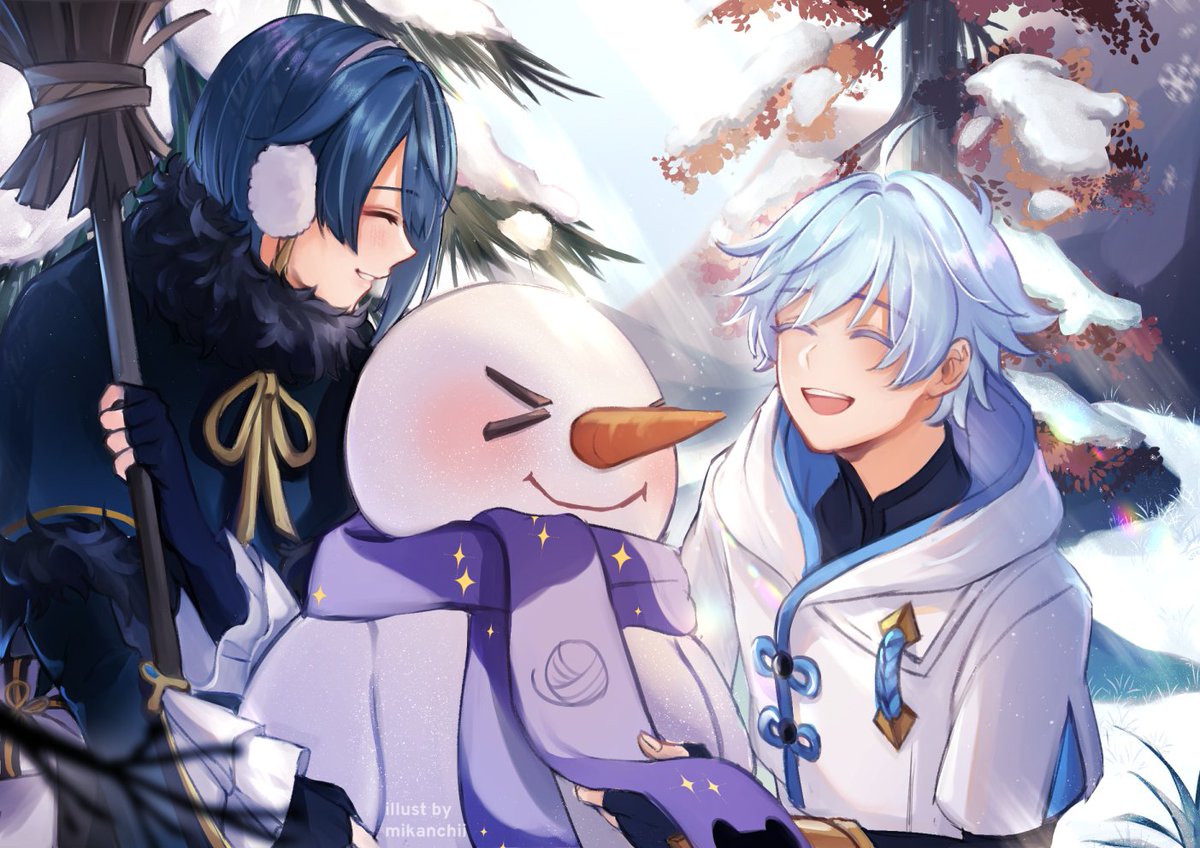 chongyun (genshin impact) ,xingqiu (genshin impact) multiple boys 2boys snowman blue hair male focus closed eyes holding  illustration images