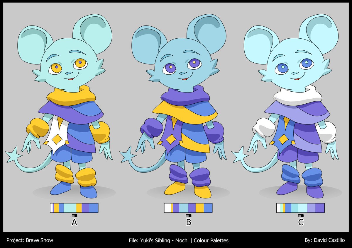 We are happy to be working on our main characters. Here is the design sheet of Mochi, Yuki's little brother. They both like to get into a lot of trouble.

Which color scheme fits Mochi best? 

#gamedev #indiedev #adventuregamefriday