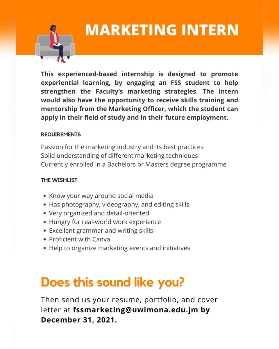UWIPlacement's tweet photo. Are you looking for a Marketing Intern Position? 

Requirements: Currently enrolled in a Bachelors or Masters Degree Programme

Deadline: December 31, 2021

Email: fssmarketing@uwimona.edu.jm
Subject: Marketing Intern https://t.co/JVE7A9MfiT