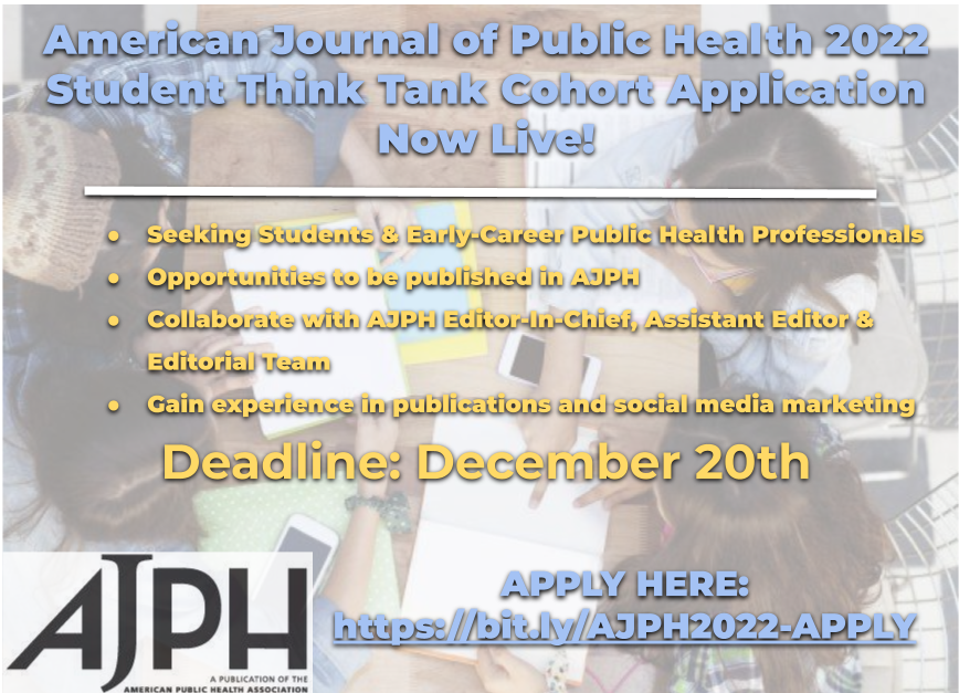 AlfredoMorabia's tweet photo. ! Call for Applications !
Now Accepting 2022 Student Think Tank Applications!
Calling public health students to apply to be a part of our prestigious program's 2022 cohort!
Apply here: https://t.co/yJbhmqryAF
@AJPHThinkTank @AMJPublicHealth @PublicHealth
#StudentThinkTank https://t.co/rVma0BojnY