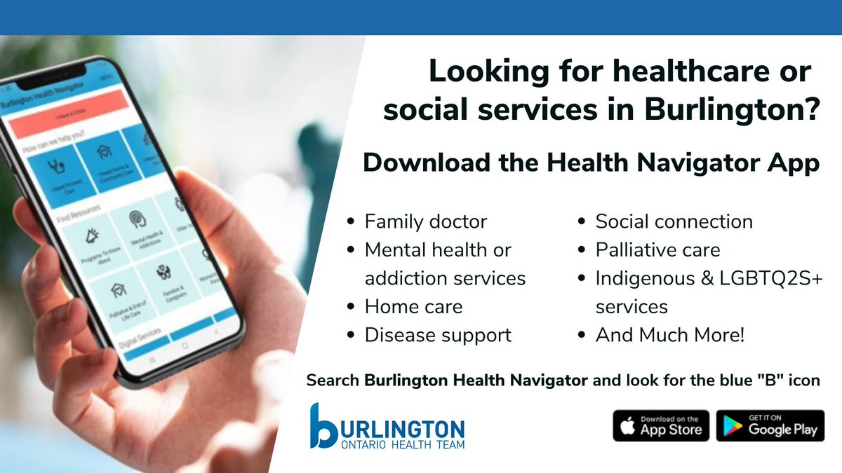 BurlingtonOHT's tweet image. 📱Download the free Burlington Health Navigator App! Easy-to-use w/ info for patients, families and caregivers. Find it on the Apple App Store or Google Play. 

For web access to find services▶️ burlingtonoht.ca/service/naviga…
#burlon #digitalhealth
