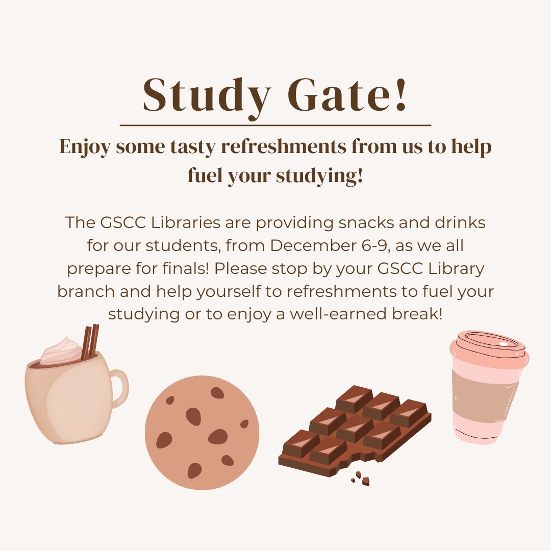 GSCCLibrary's tweet image. Study Gate is back! The GSCC Libraries will be providing snacks and drinks for students next week as they study for finals! We wish you all the best of luck with your finals, and be sure to stop by and enjoy some refreshments! #studygate #studybreak #finals #libraryevent
