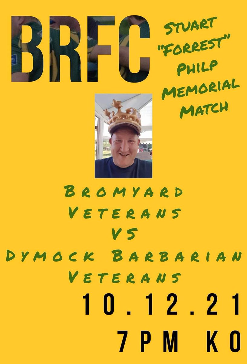 In memory of our dear friend and VP member, Forrest, we are hosting a under the lights Veterans game against Dymock Barbarians on Friday 10th
Bar open 6.30pm KO 7pm
If any of our retired players wish to dust off their boots and have a run out, please contact Tom Hulburd