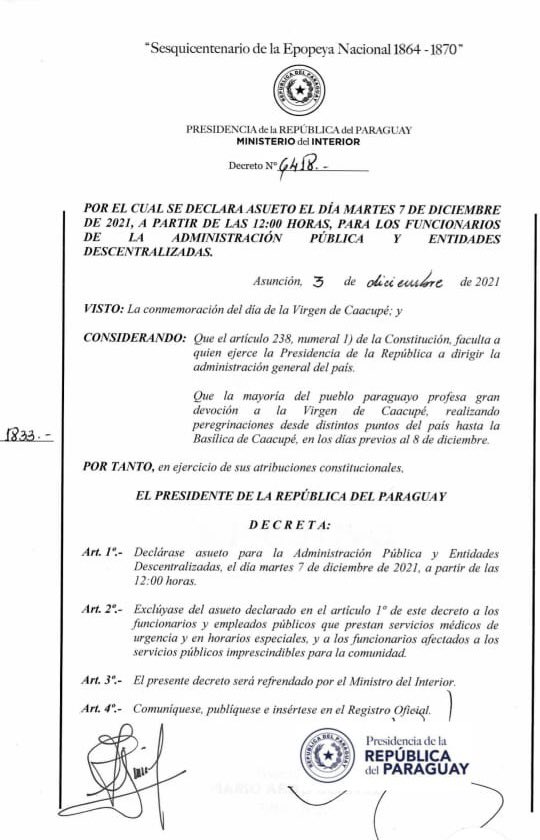 PresidenciaPy's tweet photo. Por Decreto N° 6418 el Poder Ejecutivo declaró asueto para la Administración Pública y Entidades Descentralizadas, el día martes 7 de diciembre, a partir de las 12:00 horas 👉 https://t.co/WHmuzpC6W1 https://t.co/0pLGLcvuOx