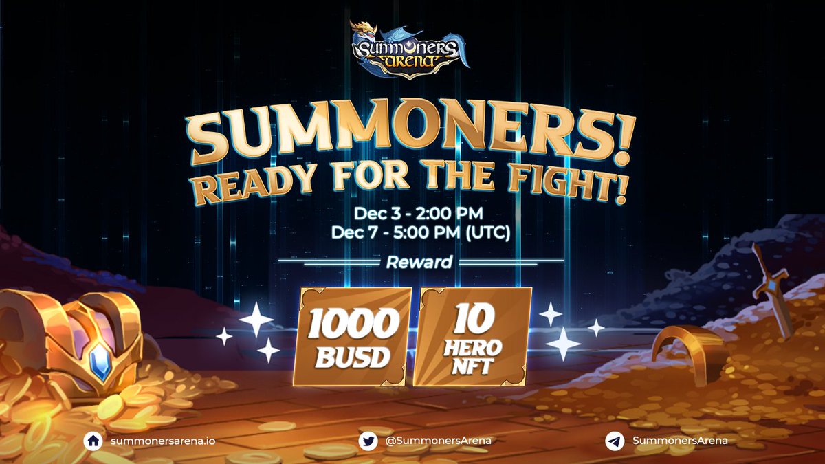 SummonersArena's tweet image. ✨#Summoners! Ready for the Fight!✨

The first-ever event to be introduced in the world of #SummonersArena!

🎁 Prizes: 1,000 BUSD + 10 Hero NFT ($50/NFT)
⏰Time: Dec 3, 2021 2:00 PM (UTC) - Dec 7, 2021 5:00 PM (UTC)
▶️Join at: gleam.io/4Uule/summoner…

#GameFi #NFT #BSC