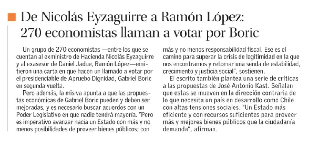 franochoame's tweet photo. Hoy en el mercurio aparece la nota de una carta que firmamos 270 economistas llamando a votar por Gabriel Boric, en la diversidad encontramos importante dar una salida a la inestabilidad social con responsabilidad fiscal y eso lo encarna @gabrielboric 🌳🇨🇱 https://t.co/a8iNzaeW9X