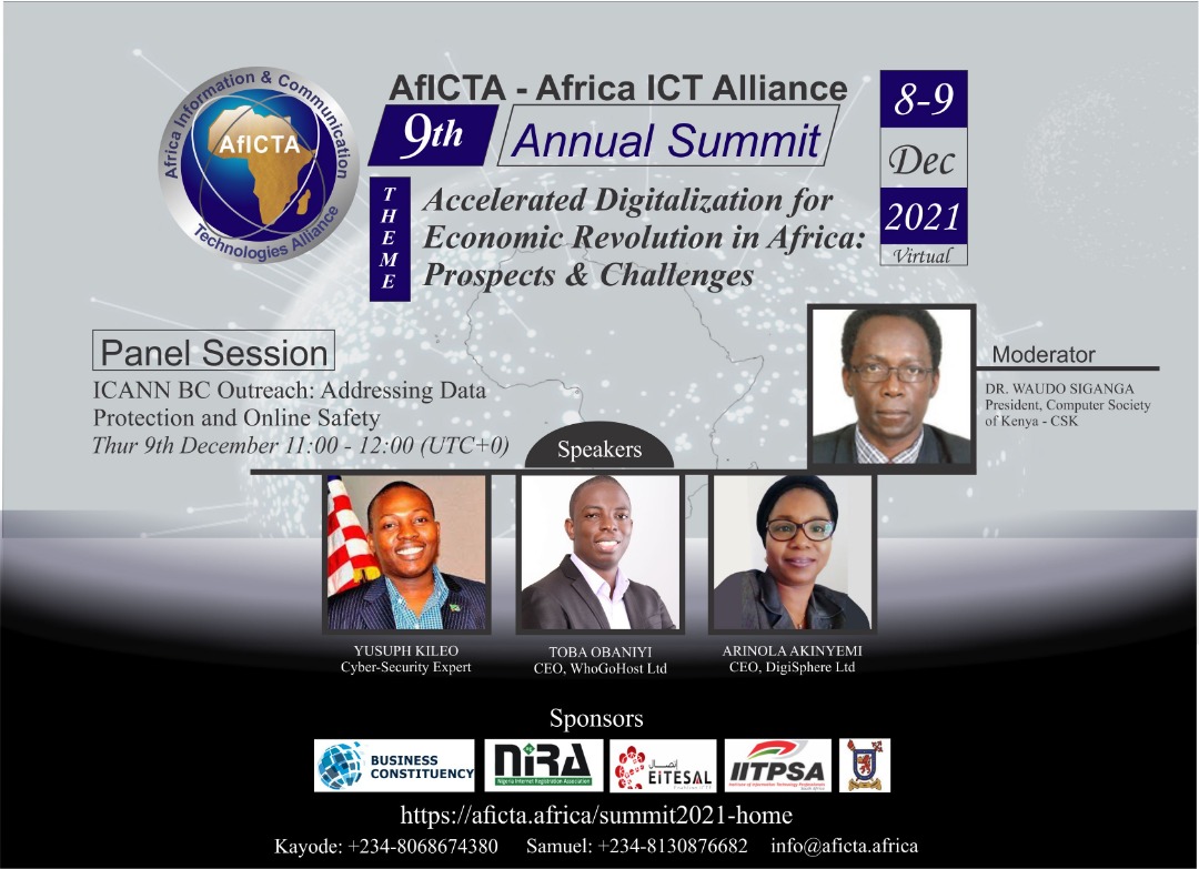 AfICTA's tweet photo. Join the Panel session on "ICANN-BC Outreach" @ the #AfICTASummit2021 slated for 9th December 2021 by 11:00 UTC
Register here: https://t.co/ajWvQXnsWy
#icannbc #internetregulation https://t.co/7sdFHuZRFR