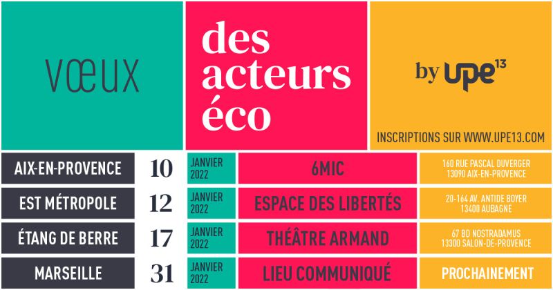 🙌 Vœux des acteurs éco 2022 : ouverture des inscriptions ! 🎉 Inscrivez dès maintenant à nos soirées des vœux sur l’ensemble du territoire : bit.ly/3ppfDma, GO 🚀 #Voeux2022Upe13