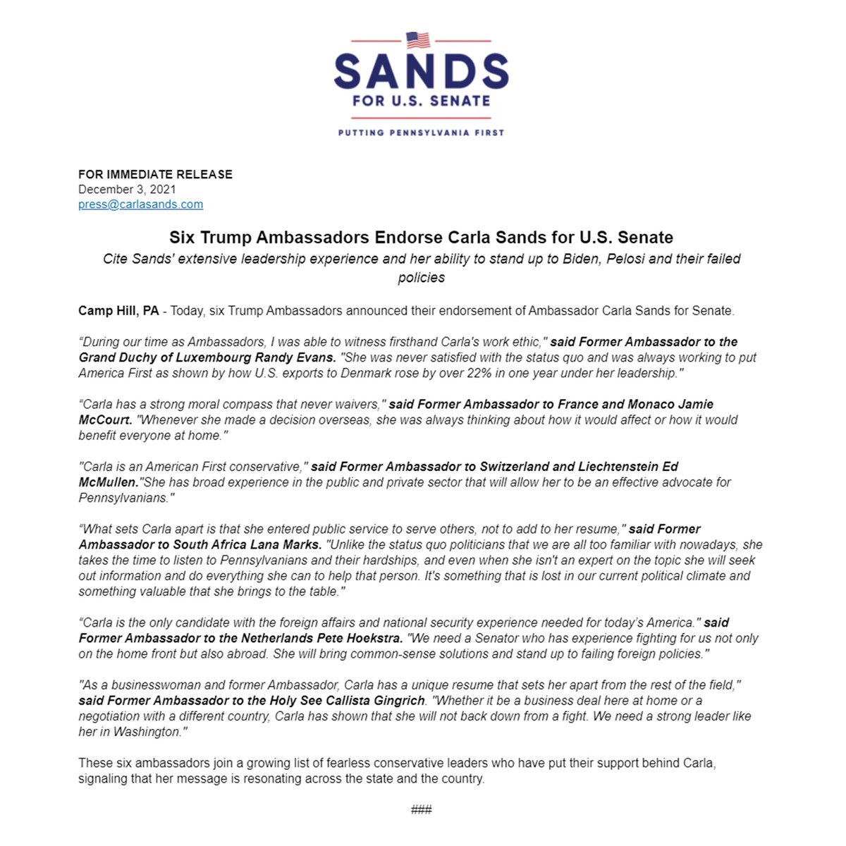 🚨ENDORSEMENT ALERT Today, six Trump Ambassadors announced their endorsement of my campaign for US Senate in PA: Amb. @JRandolphEvans Amb. Jamie McCourt Amb. Ed McMullen Amb. @LanaMarks Amb. @PeteHoekstra Amb. @CallyGingrich Read their full statements of endorsement below.