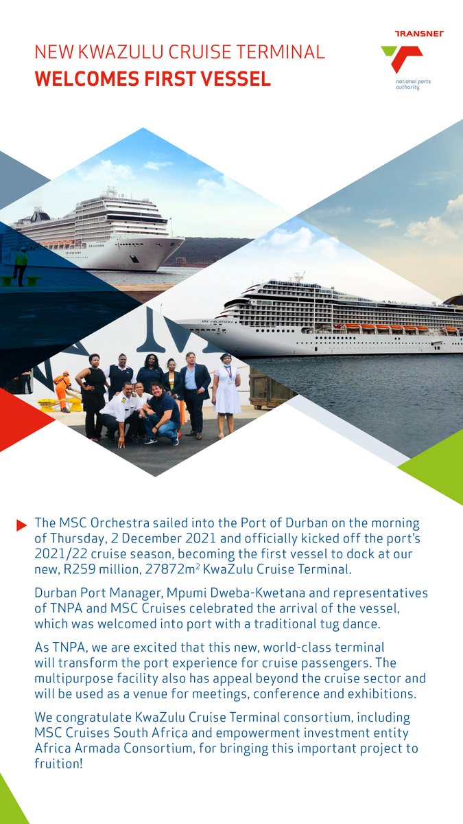 TransnetNPA's tweet photo. The Port of Durban's KwaZulu Cruise Terminal welcomed the first vessel yesterday morning.
#PortofDurban #CruiseSeasonOfficiallyOpen #KwaZuluCruiseTerminalOperational #SenzaKwenzeke #TransnetNPA https://t.co/Hu0MlMx1Pn
