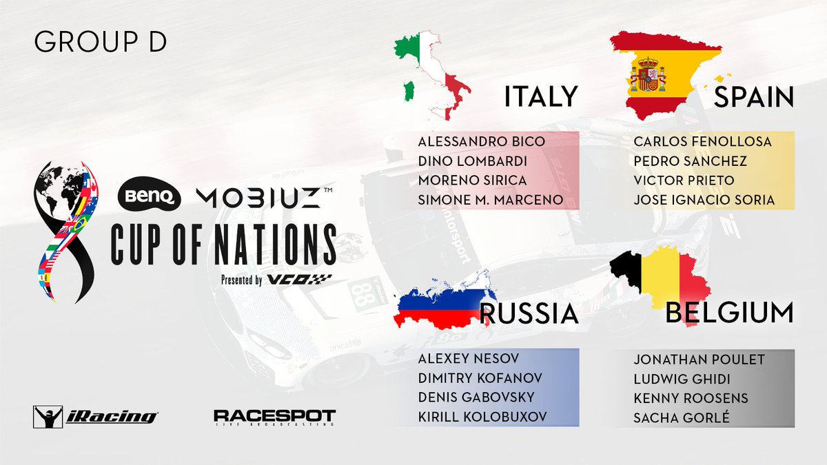 Check out all 4⃣groups for the BenQ MOBIUZ Cup of Nations presented by VCO! 

⏰ Sat, 18:00 &amp; Sun, 16:00 CET
📺 twitch.tv/vcoesports

🇩🇪 🇵🇹 🇬🇧 🇳🇴 🇨🇿 🇭🇺 🇳🇱 🇯🇵 
🇫🇷 🇺🇸 🇪🇸 🇮🇹 🇦🇺 🇵🇱 🇷🇺 🇧🇪 

#vcoesports <a href="/iRacing/">iRacing</a> <a href="/RaceSpotTV/">RaceSpot TV</a> <a href="/WilliamsEsports/">Williams Sim Racing</a>