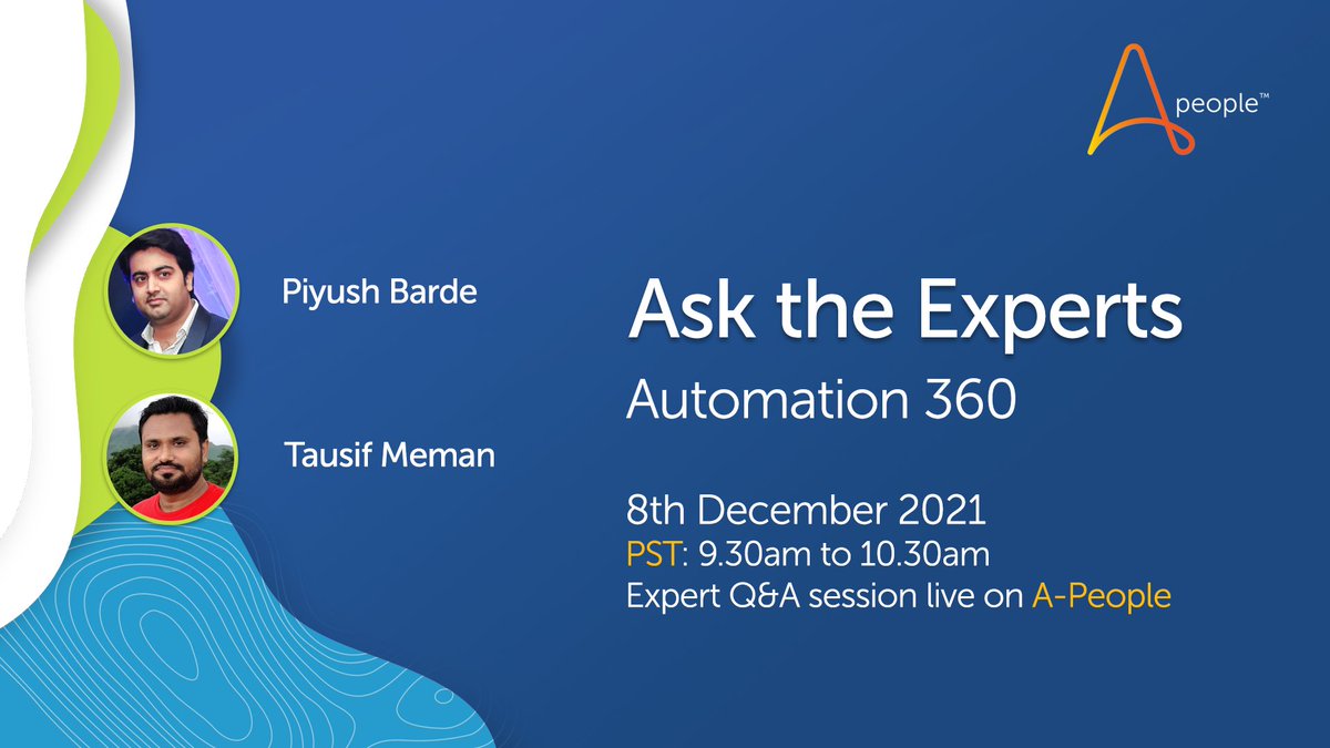 The next #AsktheExperts session will be held on A-People on the 8th of December, 9:30am PST. This is a great chance to ask our Automation Anywhere experts your #Automation360 questions live.

apeople.automationanywhere.com/s/group/0F92t0…