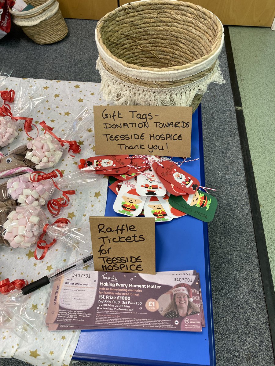 DudleyRachel's tweet photo. All set up at St Therese school in ingleby Barwick…. Got my little corner for supporting @TeessideHospice with raffle tickets and gift tags!  #Christmas #teessidehospice #reindeerchocolatecones #magicreindeerfood https://t.co/Pb9ugqUYf9