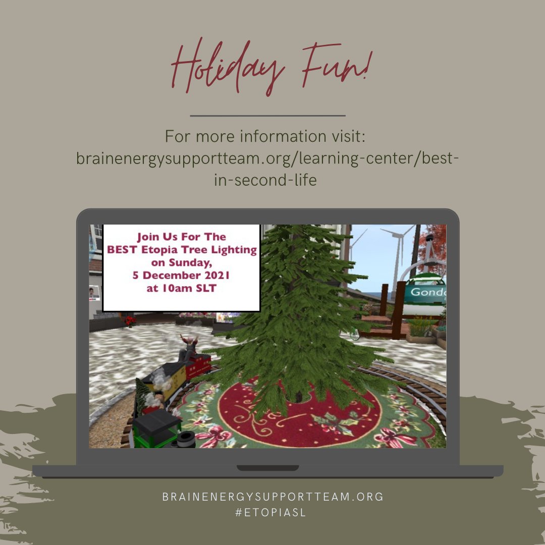 brainenergyteam's tweet photo. Holiday fun 🌲: Join us for the BEST Etopia Tree Lighting on Sunday 12/5/21 10 am SLT in #SecondLife. It’s free and all are welcome. For more info: https://t.co/1o7WzkUivd. #EmpowerYourBrain #EtopiaSL #Holidays #OnlineHolidayEvent #VirtualActivities #virtualcommunities https://t.co/EKx2N5CLrK