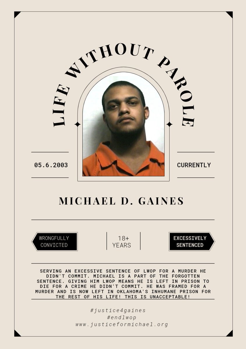 Lwop is a cruel punishment to give an innocent man. Framed for murder at 18 y.o. Michael has been serving this sentence. This is so wrong and unjust! #justice4gaines #endlwop 
@FreeRodneyReed @RocNation @TheBWSTimes @JoshWestOKHD5 @joy4ok @KSWO_7NEWS @TyrekeBakerTBT
