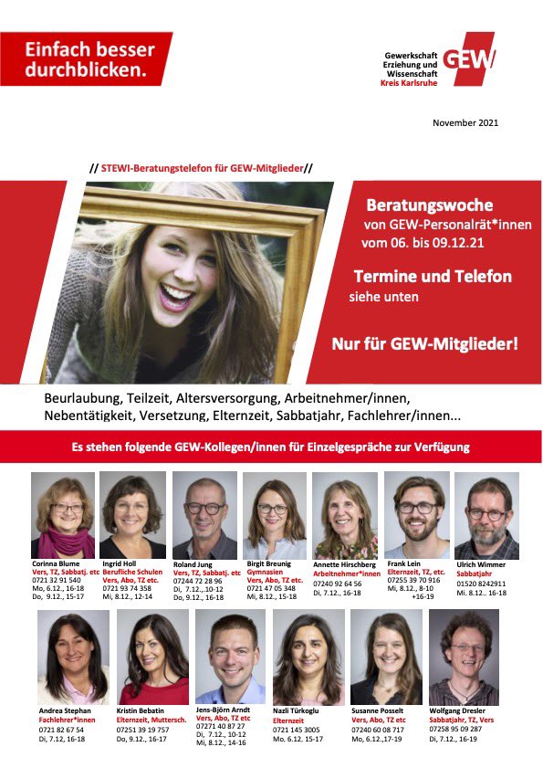 GEWNordbaden's tweet photo. Versetzung? Abordnung? Bis zum 1. Schultag nach den Weihnachtsferien müssen in #EduBW die sog. stellenwirksamen Änderungsanträge #STEWI gestellt werden. Fragen zur Antragstellung beantworten vom 6. bis 9.12.21 GEW-Expert:innen aus #Karlsruhe u.a. mit @susanneposselt und @breunib https://t.co/GkX43wIOcn