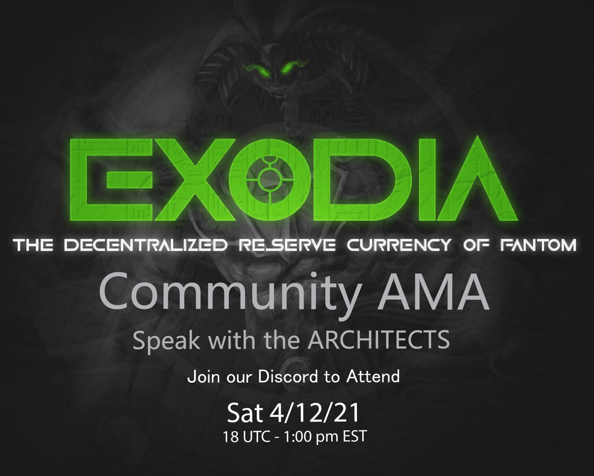 EXODIAFinance's tweet photo. Don't miss our AMA for the community, happening tomorrow!!

Meet the Architects!

Join our discord to attend.
https://t.co/g285C7woM3

Saturday Dec 4th @ 18.00 UTC

$EXOD $FTM #FTM $OHM https://t.co/FahyWfevb9