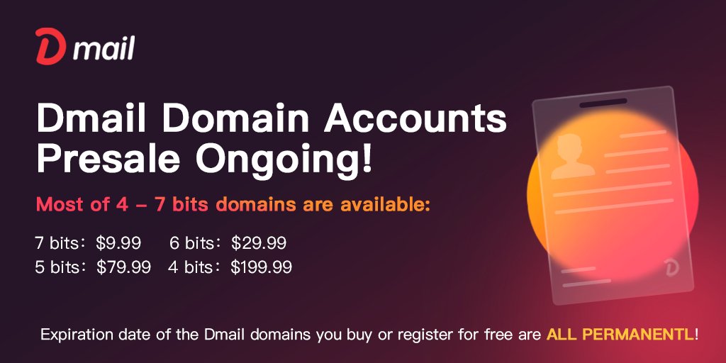 Dmailofficial's tweet photo. 🔥#Dmail #NFT Domain Accounts Presale Onging!

👉https://t.co/RWnyi5Lzsy

🔥No Hesitation to Grab Rare &amp; Meaningful NFT Domains at Floor Price!!

🆓Domains >7 bits will open on Mainnet.

🪂RT with #DmailDomainsPresale, @ 3 frds, 500 lucky users can get a FREE domain (5 - 7 bits)! https://t.co/yQLuCPpD4b