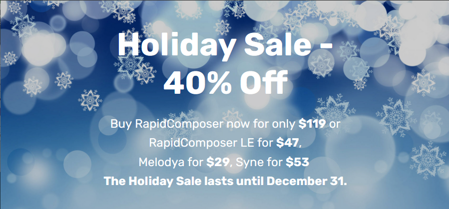 MusicDevelop's tweet photo. MusicDevelopments Holiday Sale until the end of year! 40% off RapidComposer (now $119), Syne (now $53) and Melodya (now $29). More info: https://t.co/7uP1B5xJIs
#deals #vstdeals #plugindeals #musiccomposition #songwriter #harmony #synth #vst #作曲家 #電子音楽 https://t.co/Ur9zKXyrSM