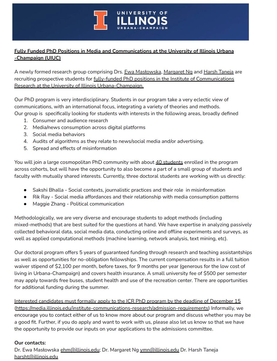 HarshT (@harsht) on Twitter photo We are looking for new PhD students, to join our research group, with my fantastic colleagues @ehmaslowska and <a href="/ng007007/">Margaret NG</a>
All the details in this one pager: tinyurl.com/icr-uiuc-phd
Feel free to email us.
Pls help (RT) in spreading the word We are looking for new PhD students, to join our research group, with my fantastic colleagues @ehmaslowska and <a href="/ng007007/">Margaret NG</a>
All the details in this one pager: tinyurl.com/icr-uiuc-phd
Feel free to email us.
Pls help (RT) in spreading the word
