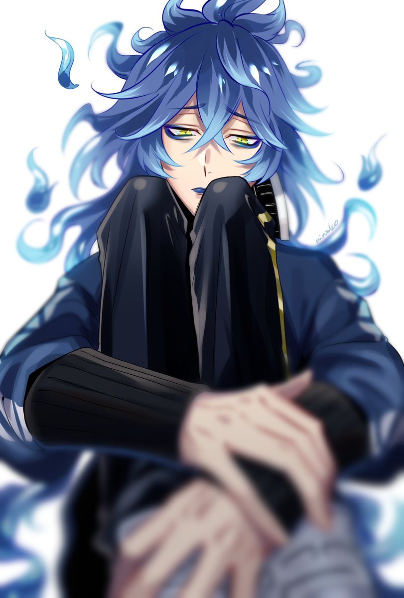 male focus 1boy blue hair blurry foreground long hair blurry makeup  illustration images