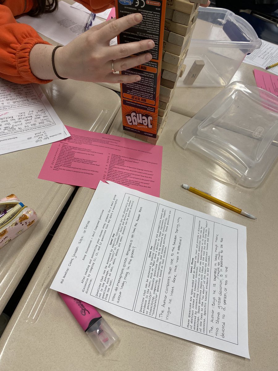 Today, students are analyzing poetry in groups using self composed questions…They’re using songs of their choice and JENGA! #ThisIsNorth #MNHSELAR #MISDReads