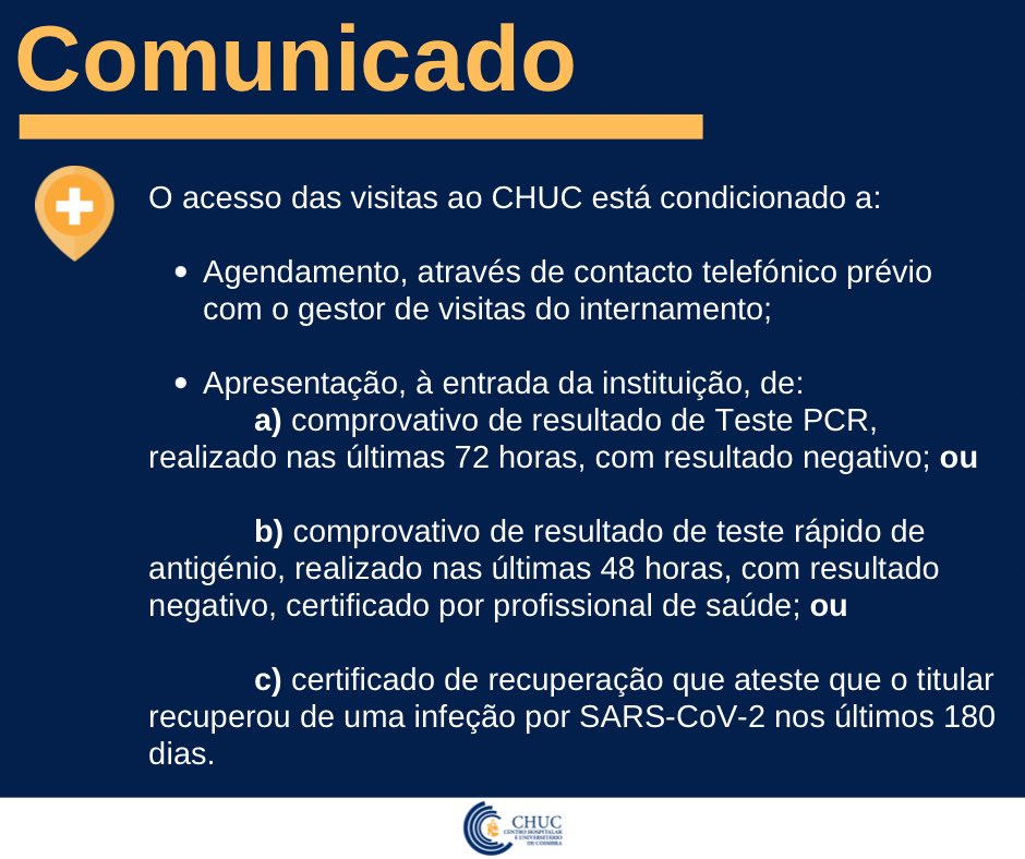 Tendo em conta a resolução do Conselho de Ministros n.º157/2021, o #CHUC atualizou as normas de acesso das visitas.