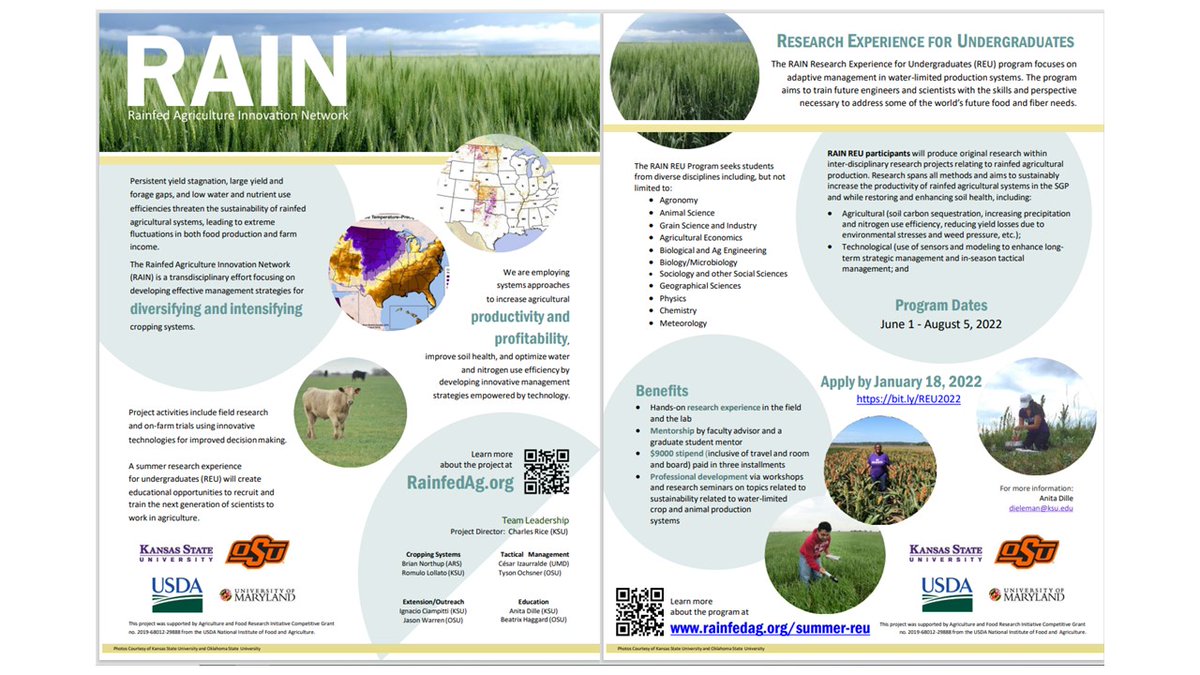 Undergraduate students, looking for a 2022 summer research experience in Ag? Check out our #USDA #AFRI #NIFA funded RAIN REU program! There are plenty of opportunities for agricultural, technological, and socioeconomic projects, plus a $9K stipend! See flyer for further details.