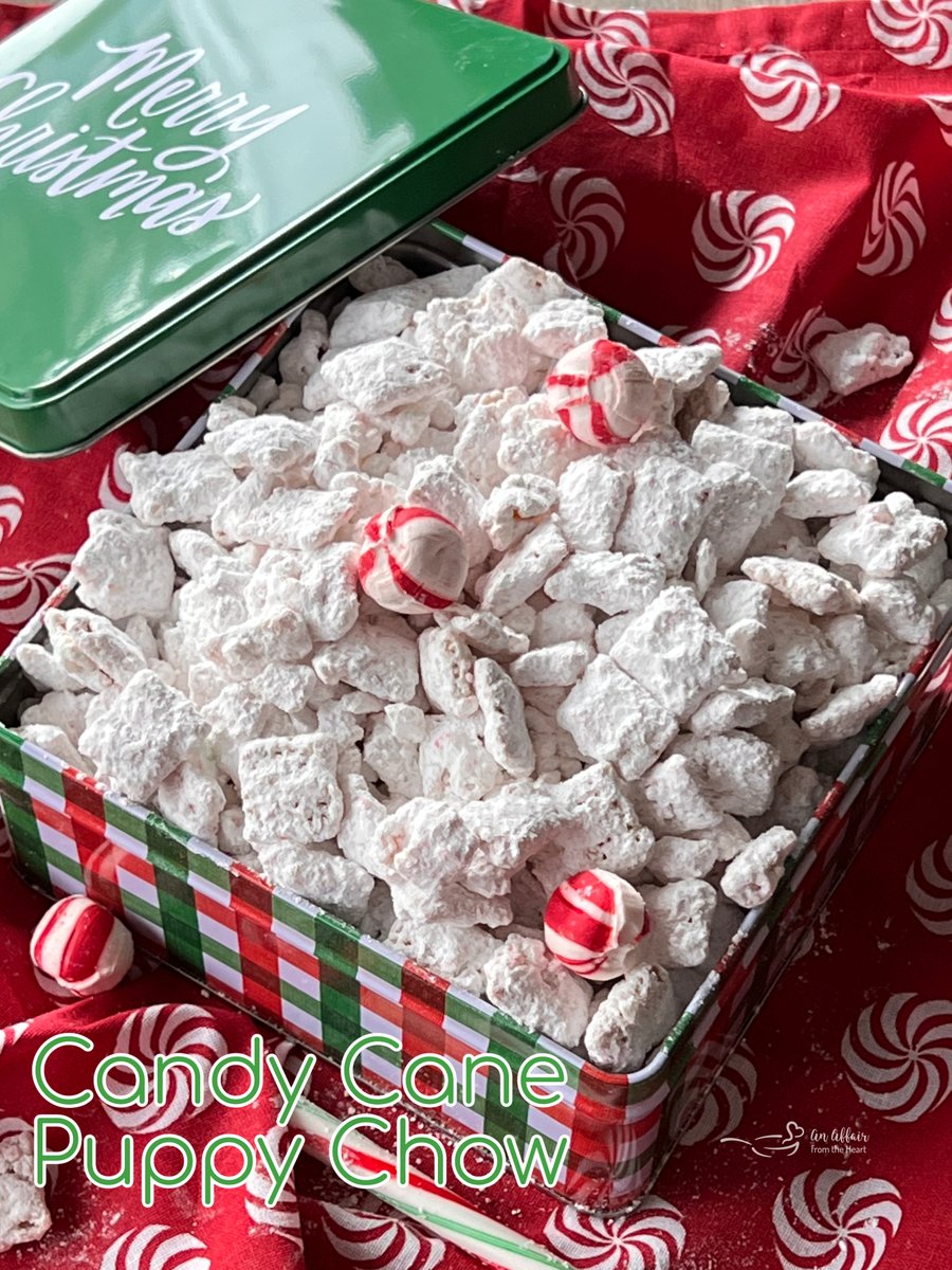 affair_heart's tweet image. This Christmas puppy chow recipe is fun and perfect for the entire family! Crunchy, sweet, satisfying, and great for the holidays! #FreakyFridayRecipes anaffairfromtheheart.com/candy-cane-pup…