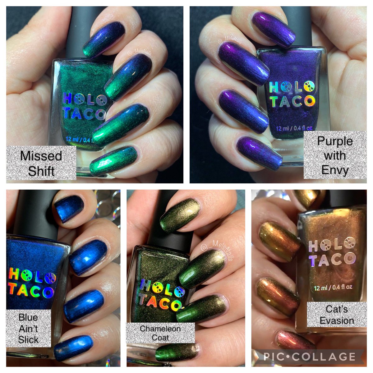 _MelsNails's tweet photo. Multichrome or go home! This is @holotaco #MultichromeCollection #MissedShift #PurpleWithEnvy #BlueAintSlick #ChameleonCoat #CatsEvasion #Holotaco @nailogical https://t.co/1d2nNY52Yk