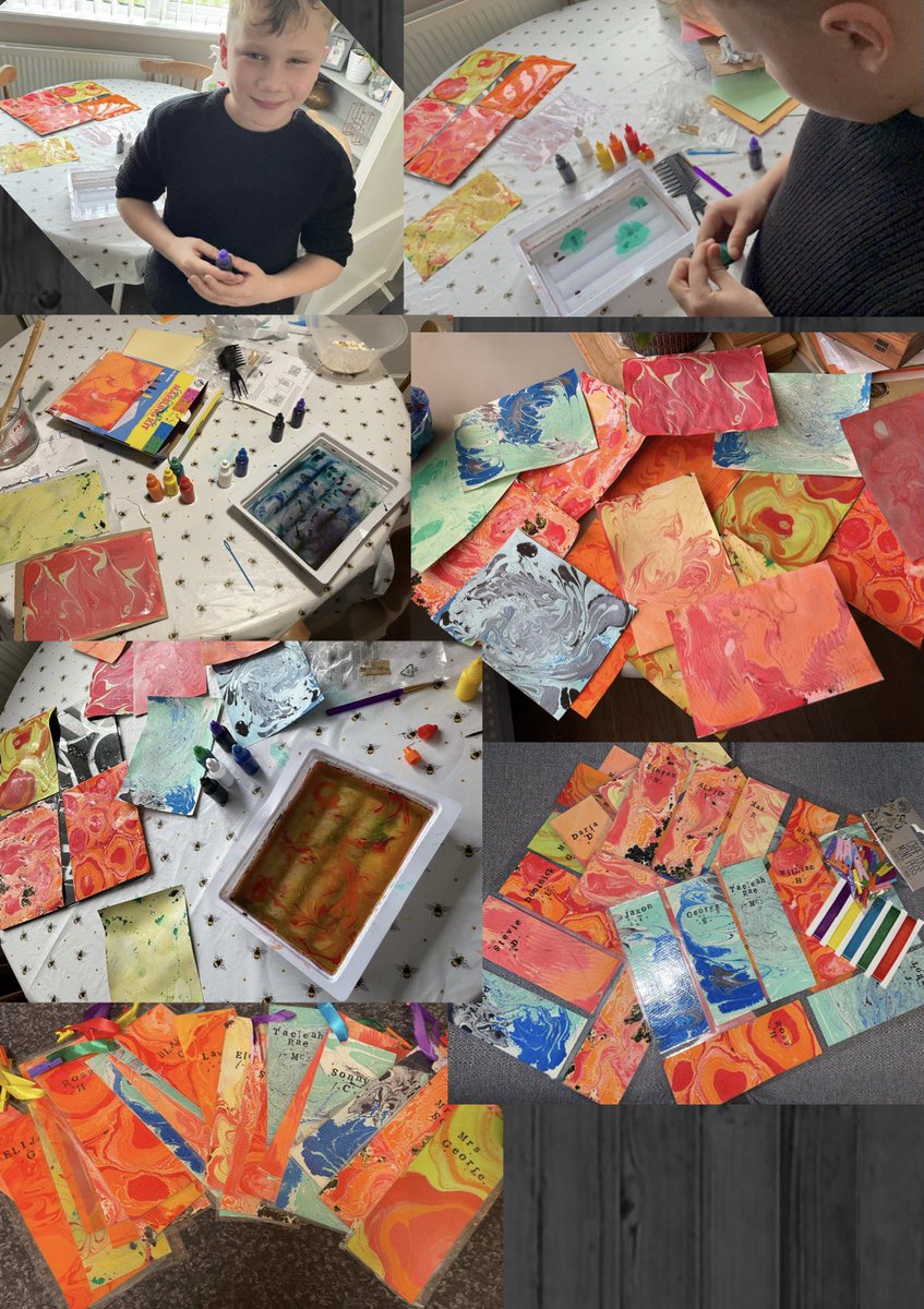Needed some Mum &amp; Son time, so the marbling craft kit came out &amp; bookmarks were made for his whole class. Hope his friends and teachers like them ☺️ #FortniteBreak #Familytime <a href="/CottinghamCofE/">Cottingham CofE</a>