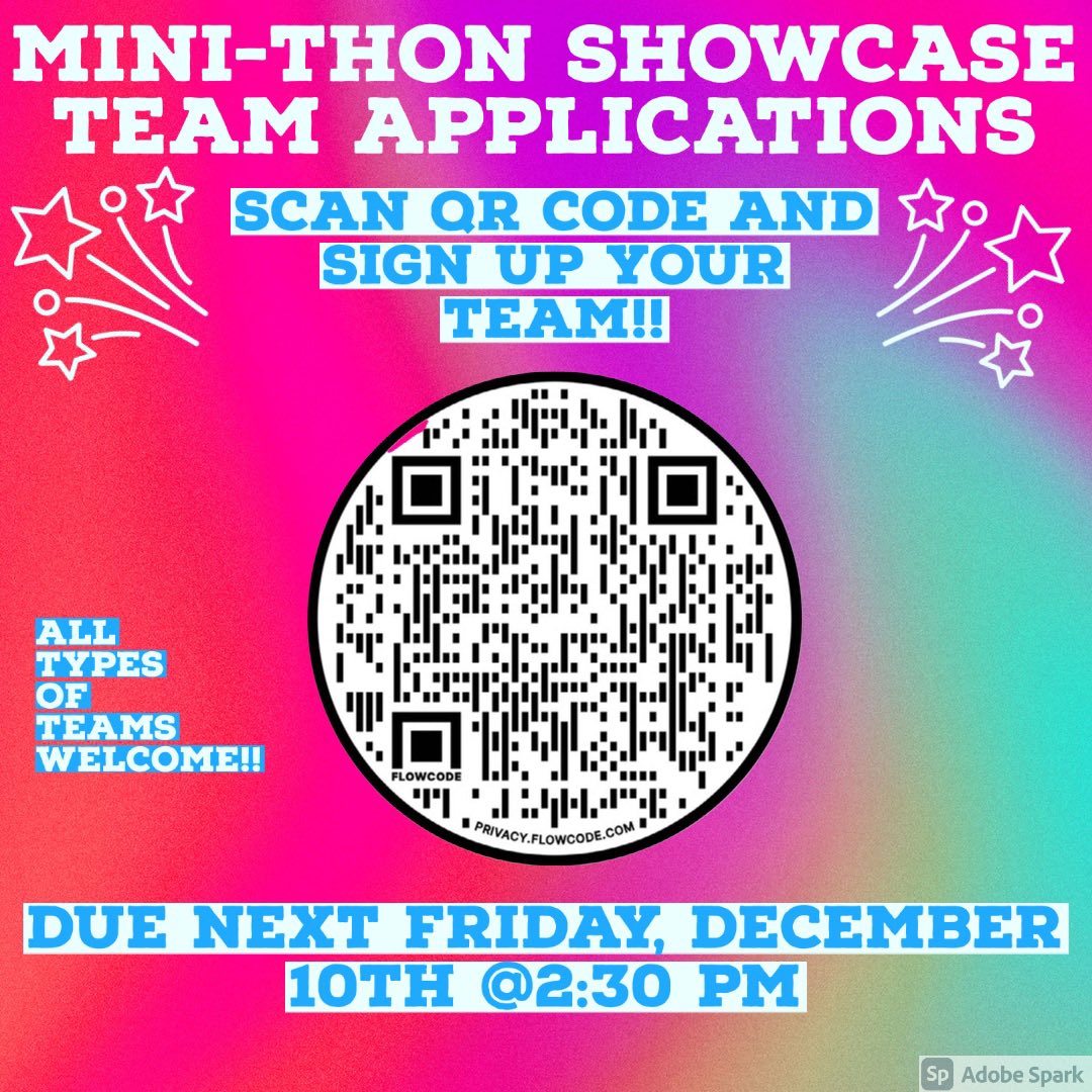 ATTENTION MTHS STUDENTS! Mini-THON Showcase Applications are out! Any team OR club, sign up today! Applications are due FRIDAY, DECEMBER 10th @ 2:30pm! QR Codes are outside Mr. Sneeringer (112) and Mr. Aiello (177). Please see Mr. Sneeringer with any questions! FTK!